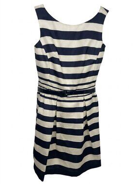 Taylor Black & White Striped Fit & Flare Dress with Belt - Size 14